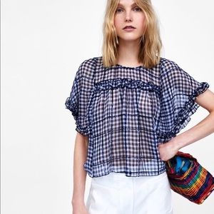 Zara Navy and White Gingham Ruffle Short Sleeve Top